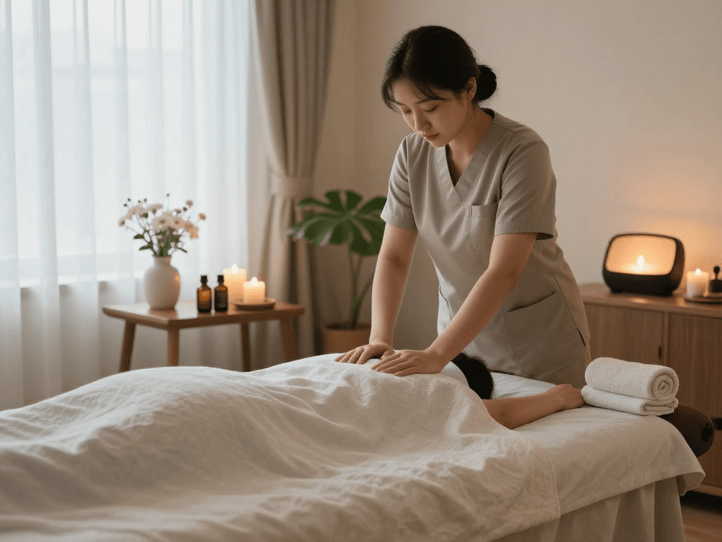 Inviting in-home massage therapy setup for 인천출장마사지, featuring soothing ambiance and professional massage tools.