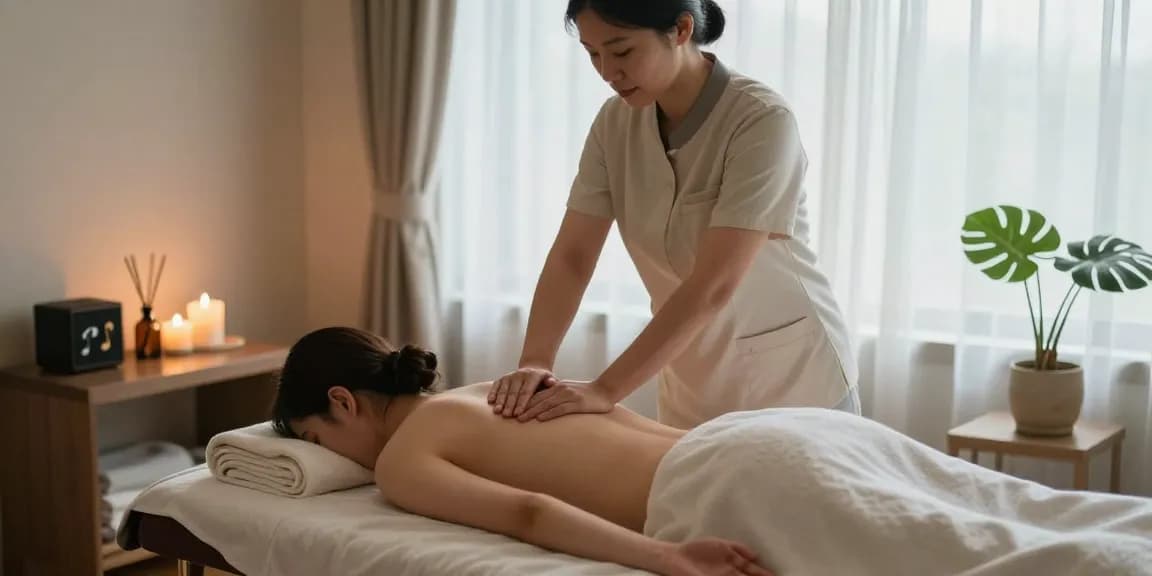 Relaxing 마포출장마사지 being provided in a tranquil therapy room with soothing lighting.