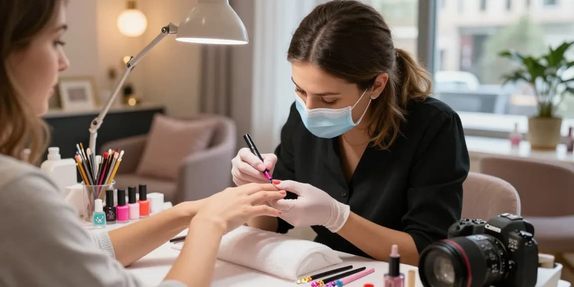 Client receiving nail care service at Paradise Nail Beauty salon with colorful polishes and tools.
