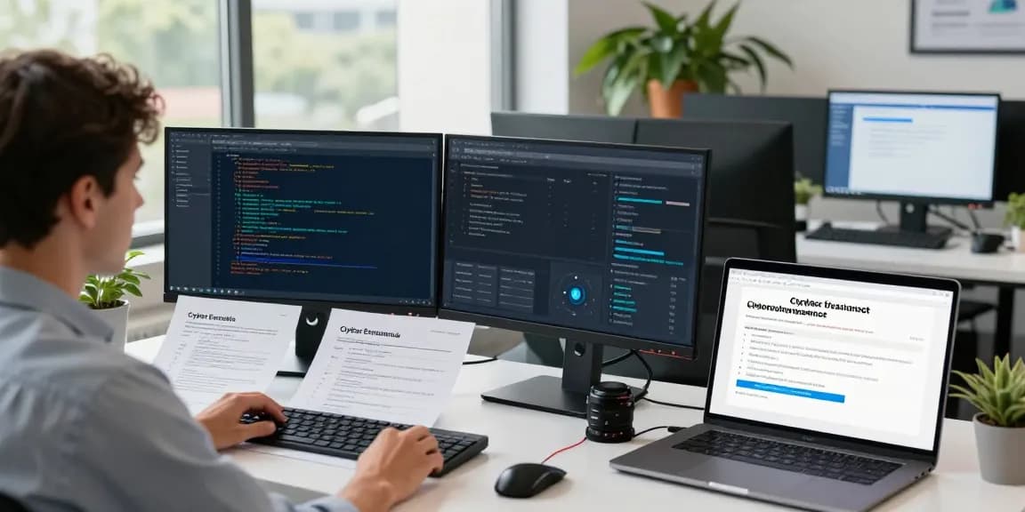 Cyber Essentials insurance review in a modern office, showcasing compliance tools and security dashboard.