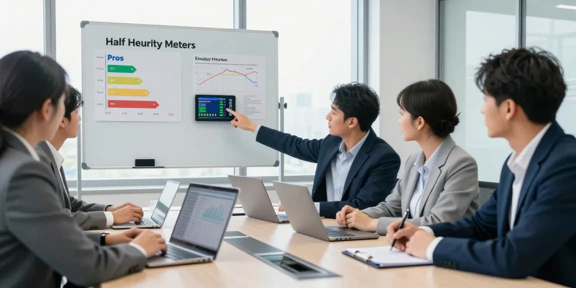 Business professionals discussing half hourly meter benefits in a modern conference room environment.