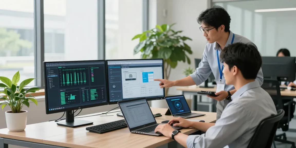 Proactive remote IT support for small business with technicians monitoring systems and collaborating in a modern office.