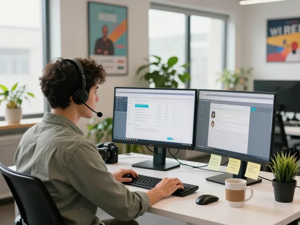 Support representative answering inquiries about the Myfairplay customer care number in a bright office.