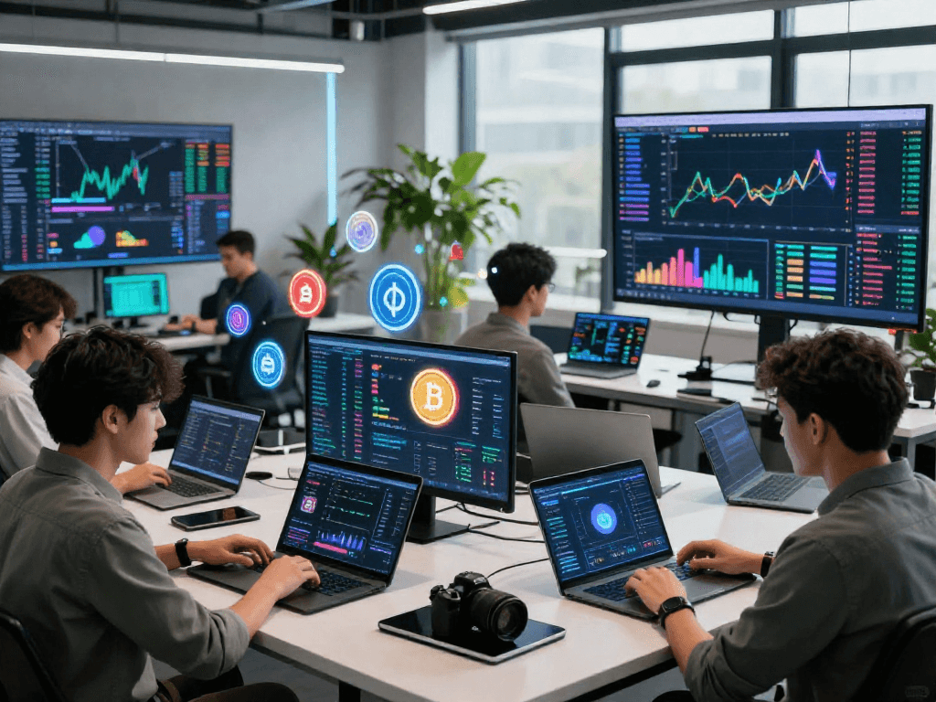 Users engaged in kyber-swap trading with vibrant digital currencies, showcasing a modern blockchain environment.