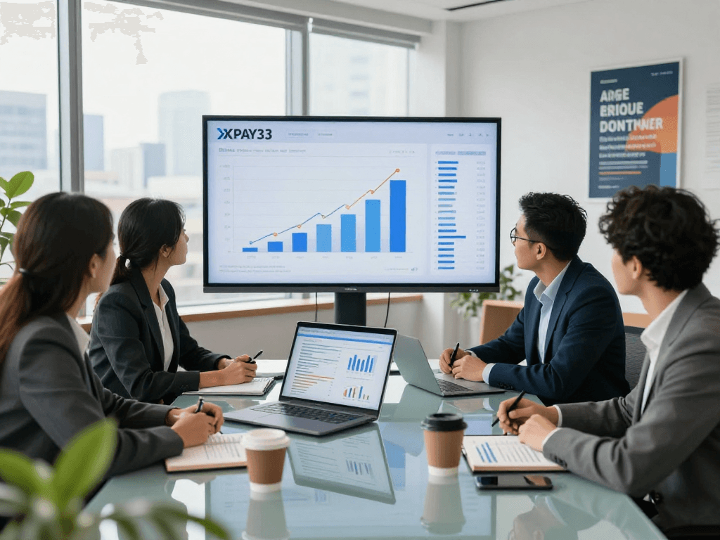 Collaborative team discussing XPAY33 financial growth in a modern office.