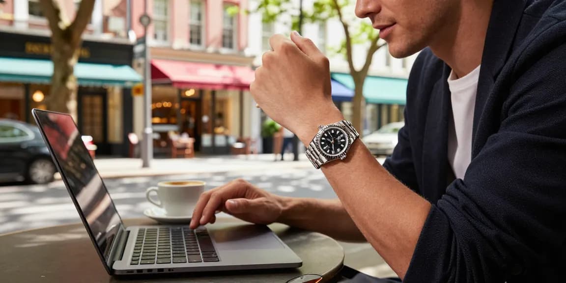 Stylish person showcasing a Rolex super clone watch at a trendy café, embodying urban sophistication.