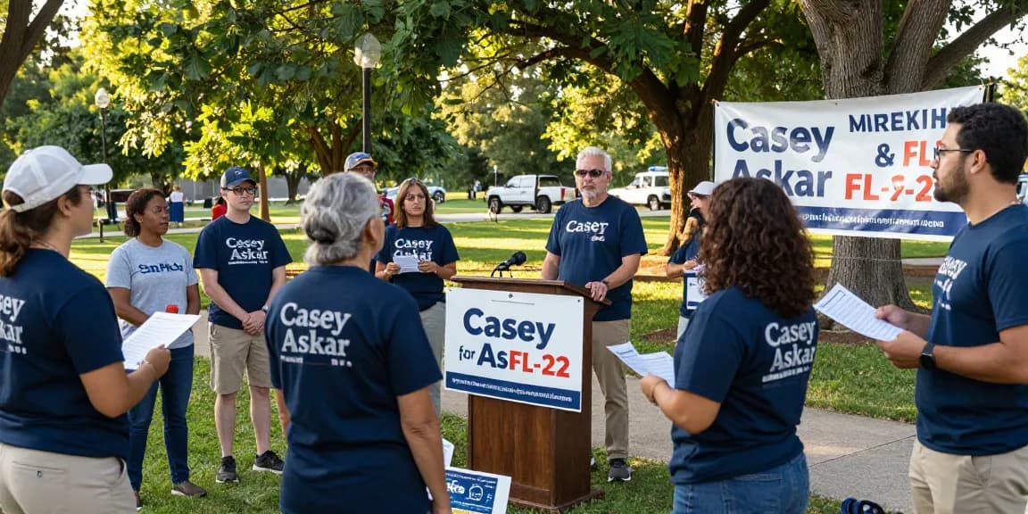 Casey Askar supporters engaging at a FL-22 campaign rally in a community park.