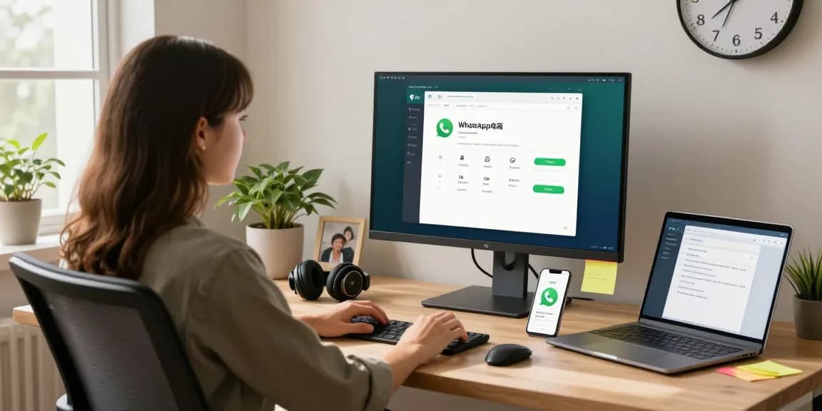 User interacting with WhatsApp電腦版 interface in a cozy home office setting