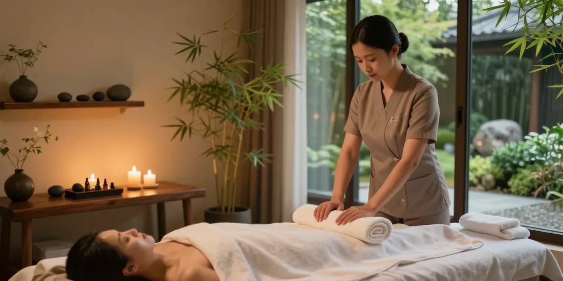 양천구출장마사지 in an upscale massage therapy room with ambient lighting and calming décor.