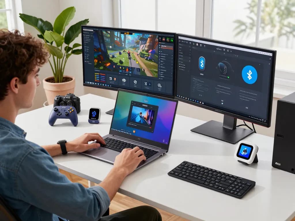 Discover unique tech gadgets like Bluetooth gaming controllers and smart kitchen devices in a modern tech workspace.