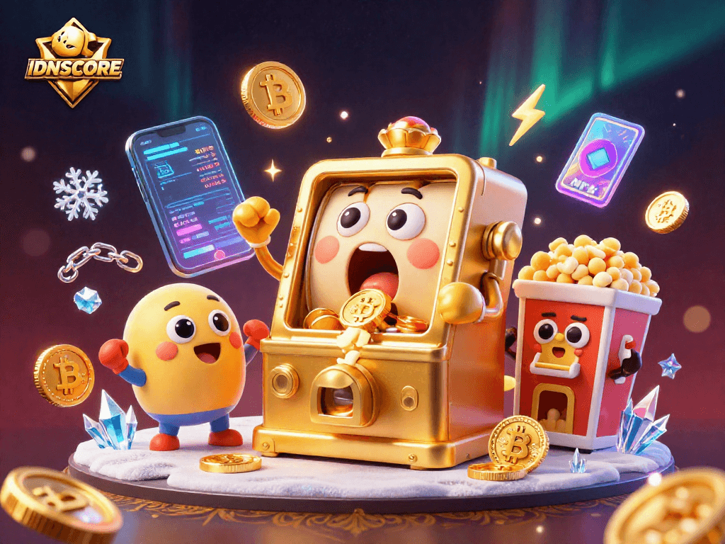IDNSCORE engages players with a vibrant jackpot scene featuring cheering slot machines, coins, and crypto elements.