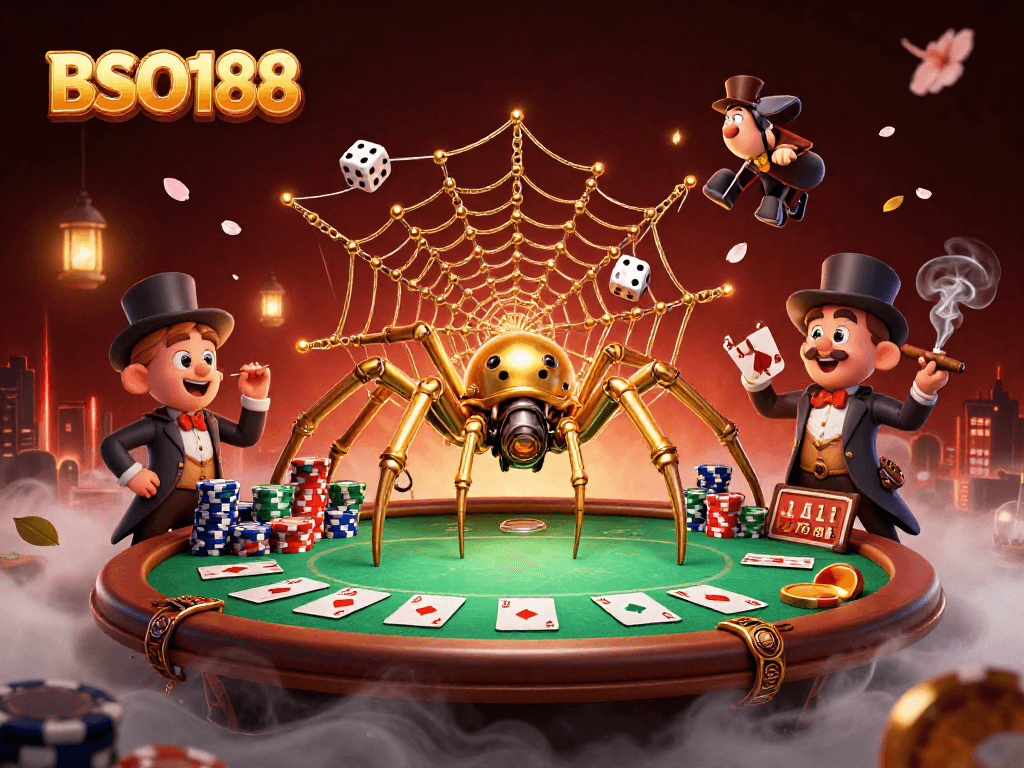 Engage with BSO188 at a vibrant steampunk casino scene featuring golden spider webs and poker chips.