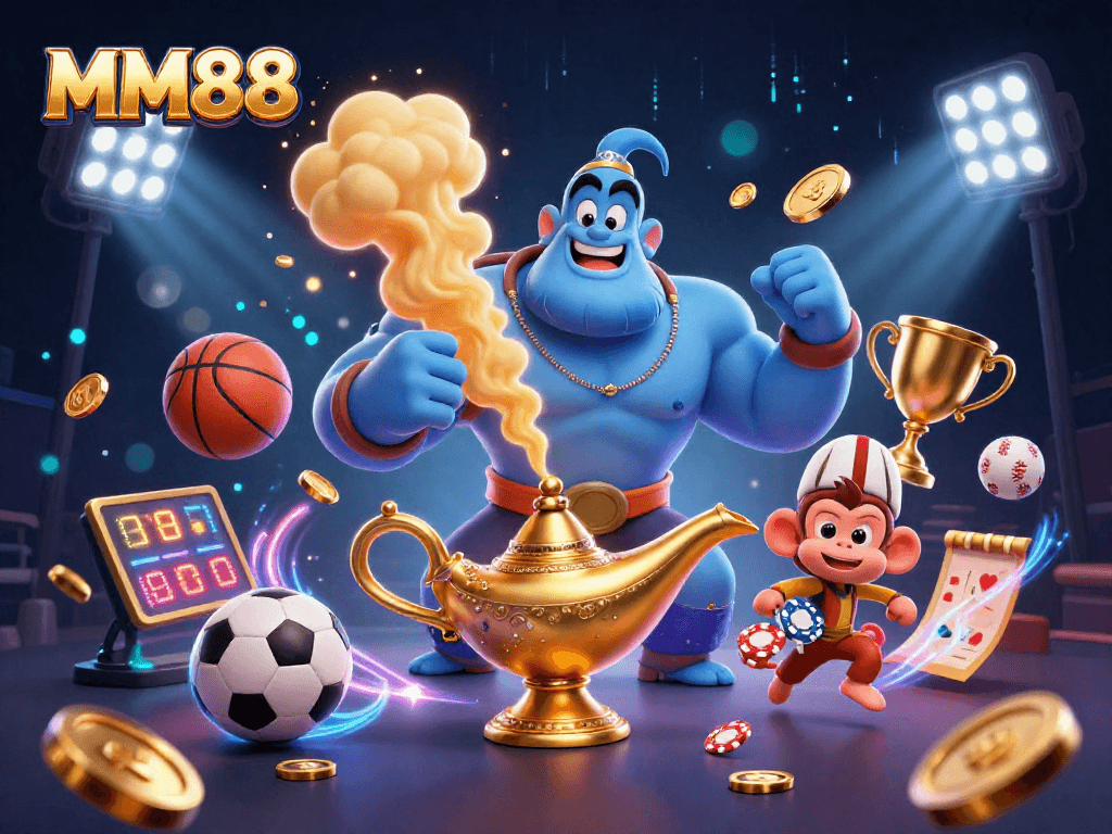 Experience the excitement of MM88 online casino with dynamic illustrations featuring our magical genie, sports elements, and rich visuals.