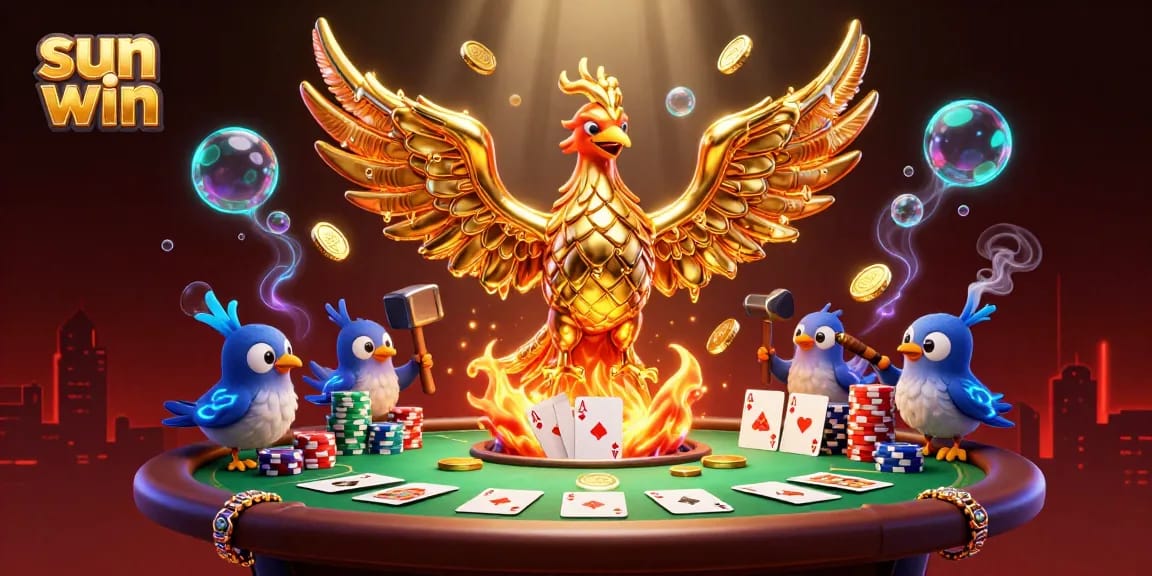 Experience sun win with a vibrant scene showcasing a golden phoenix and dynamic poker elements.