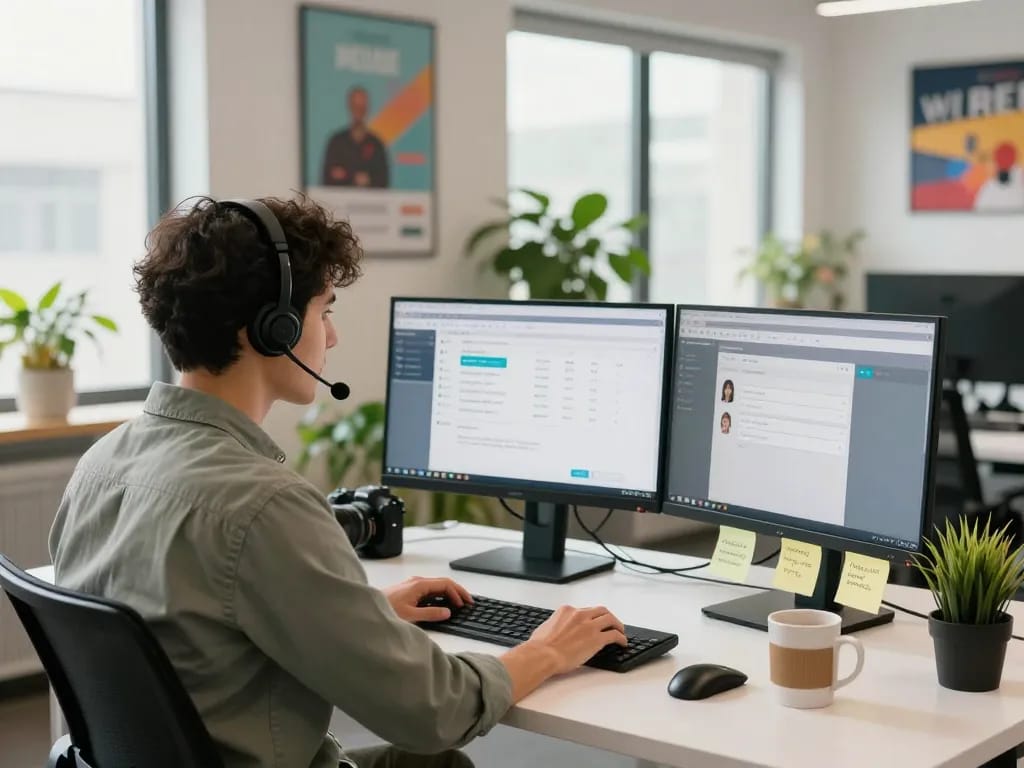 Support representative answering inquiries about the Myfairplay customer care number in a bright office.