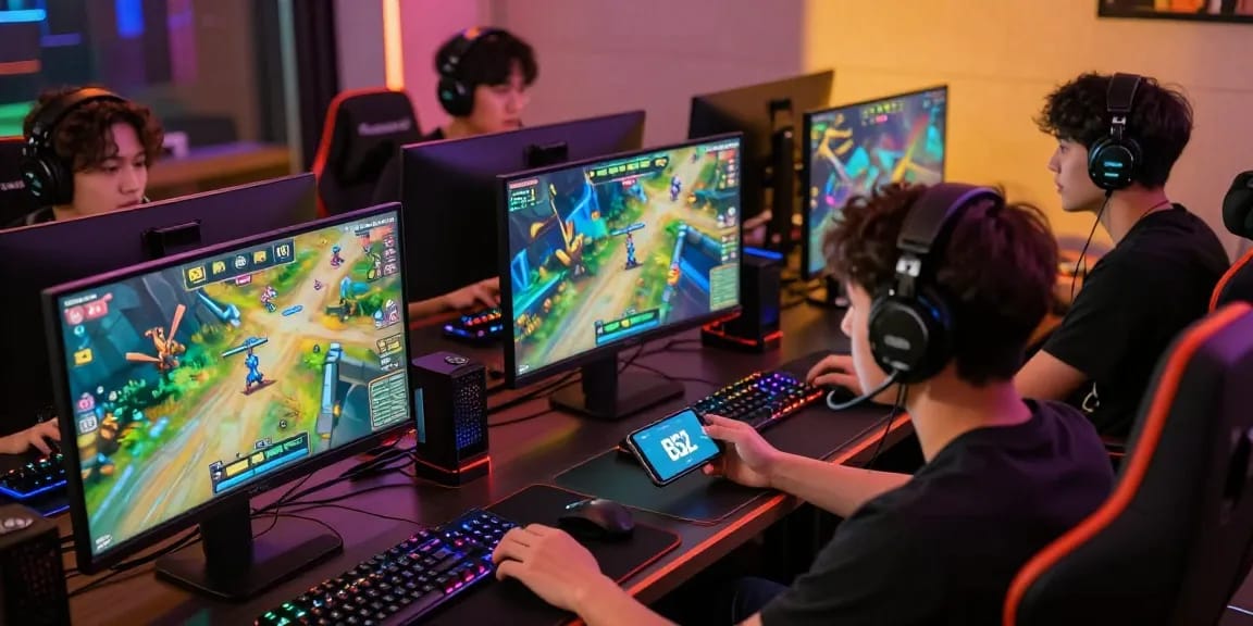 Player group enjoying B52 gaming experience with colorful visuals and modern gaming gear
