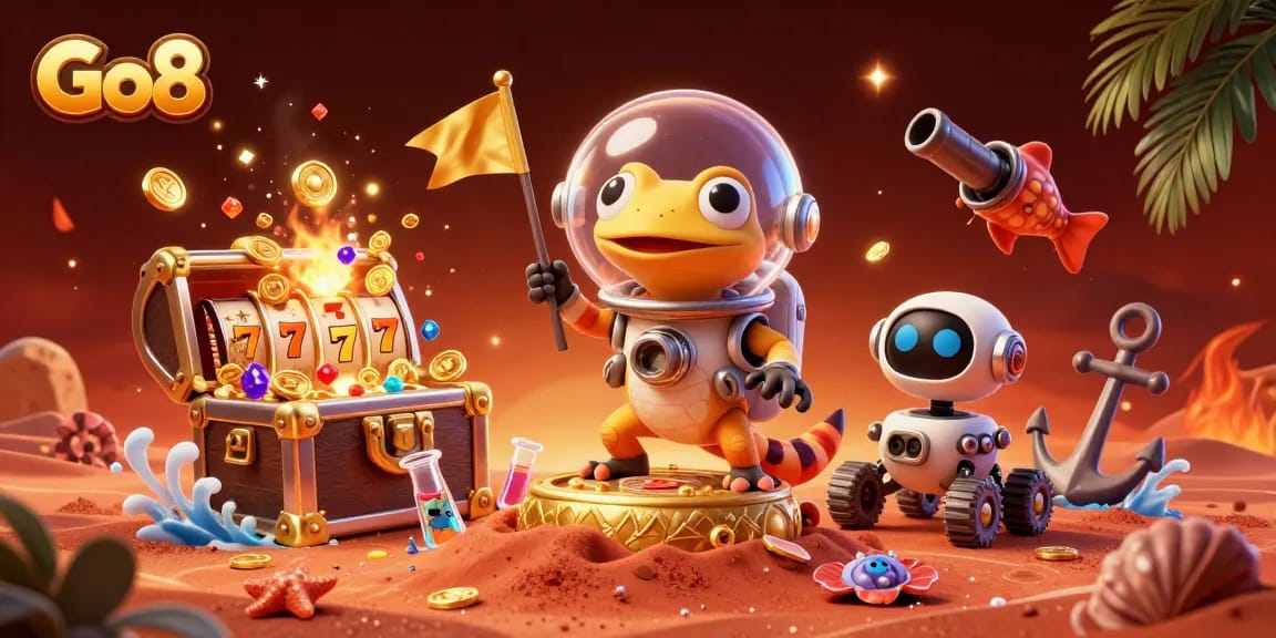Experience the thrill of Go8 casino with a vibrant Martian adventure set amid gold coins and slot reels.