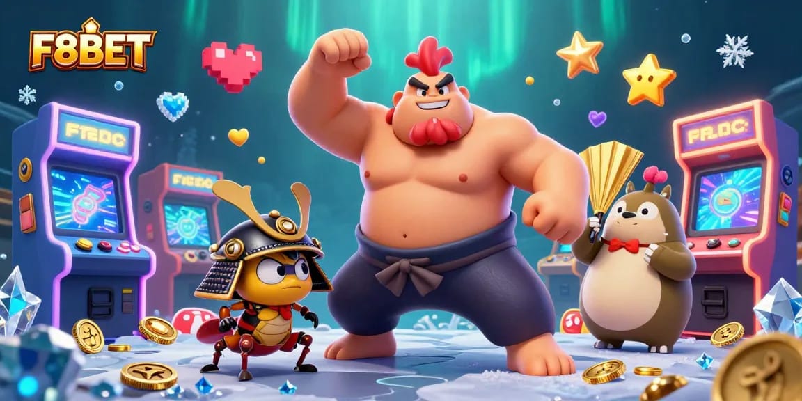 Experience thrilling victories at F8BET with 3D sumo wrestler and cricket in an engaging casino scene.