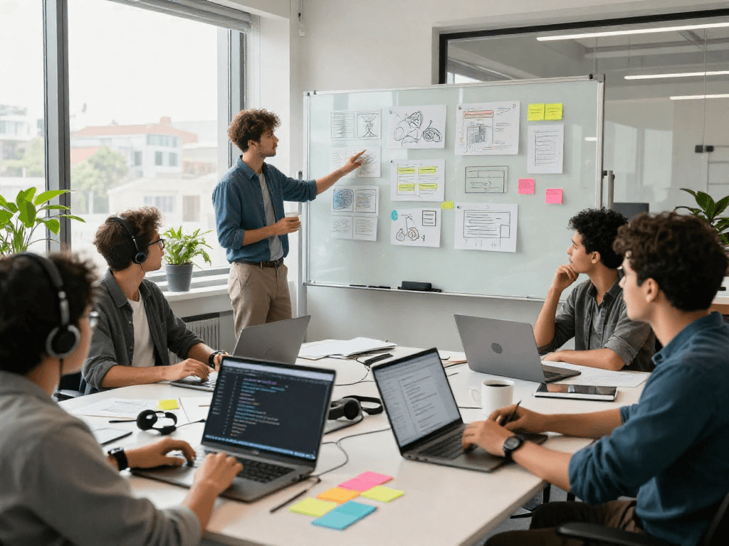 Escena de equipo colaborativo de Immediate Edge trabajando en soluciones de software en un entorno moderno.