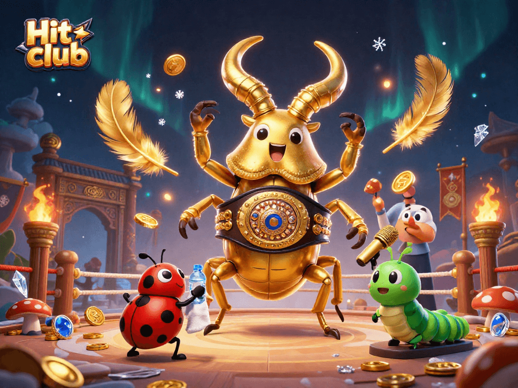 Hit club showcases a giant golden stag beetle in a boxing scene surrounded by dynamic casino elements.