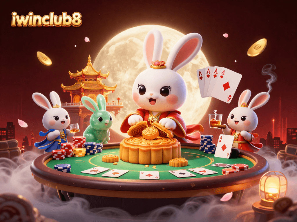 Experience the iwinclub8 casino adventure with a moon rabbit at a vibrant poker scene.