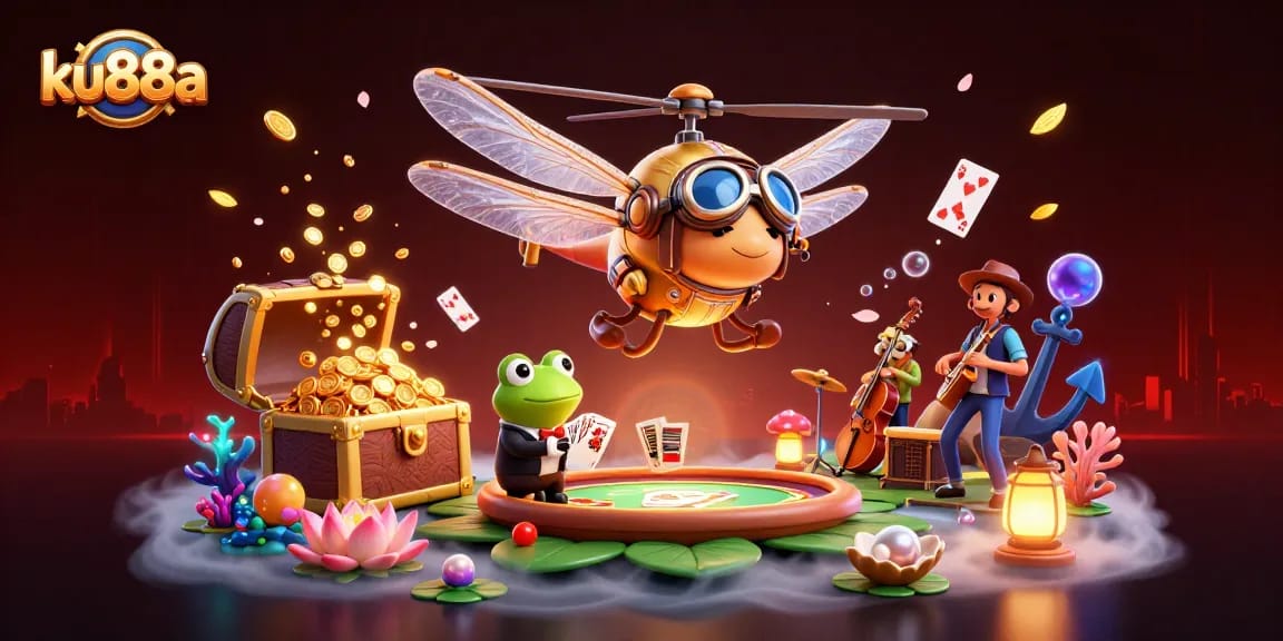 Join the excitement at ku88a with a cartoon dragonfly pilot and a frog dealer in a vibrant casino scene.