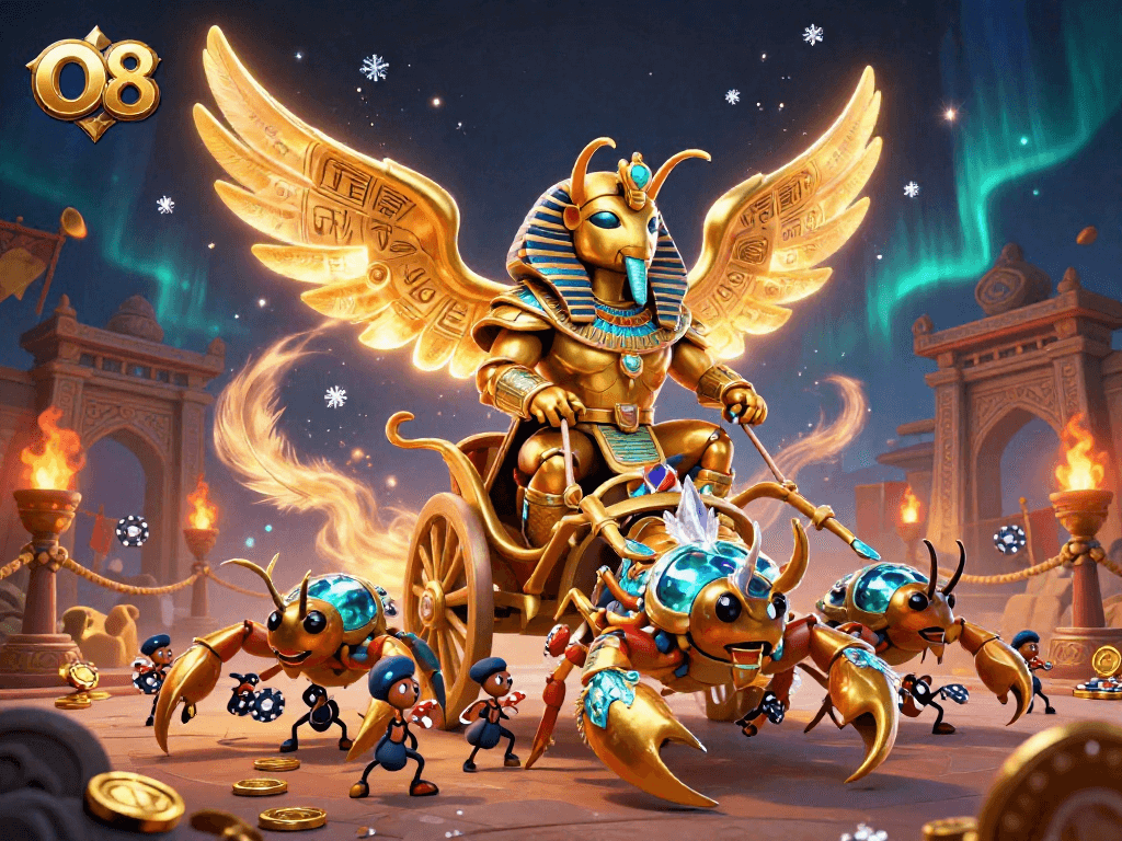 Experience thrilling gaming action with O8's vibrant casino world featuring a majestic beetle chariot scene.