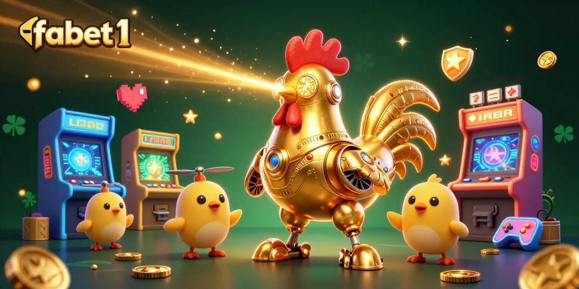 Experience fabet1's exciting gaming environment with colorful arcade machines and a golden rooster robot.