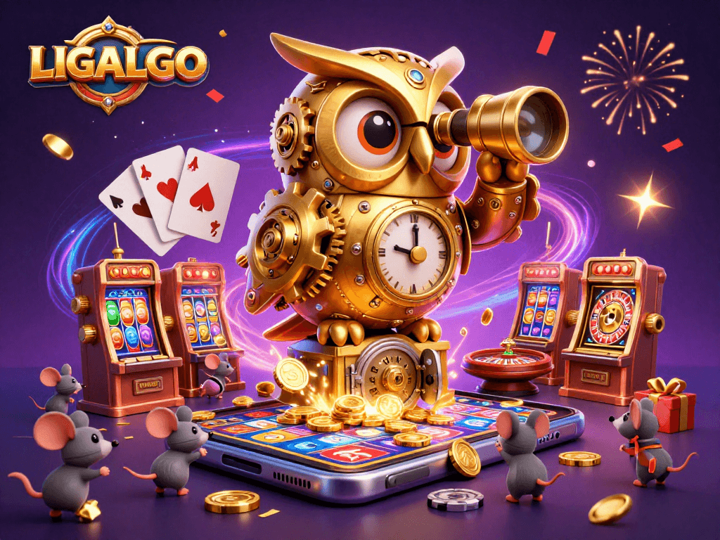 LIGALGO showcases an enchanting casino scene with a golden owl and lively slot game elements.