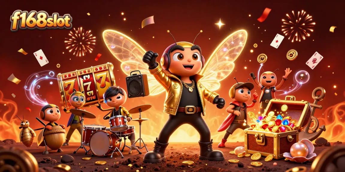 Experience vibrant gaming with f168slot's immersive 3D casino scene featuring a rock star and jackpot elements.