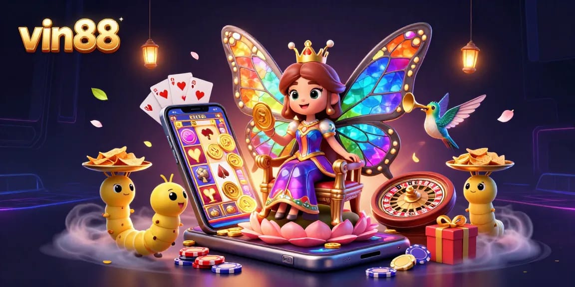 Experience vin88's vibrant online gaming world with a colorful butterfly queen, coins, and casino elements.