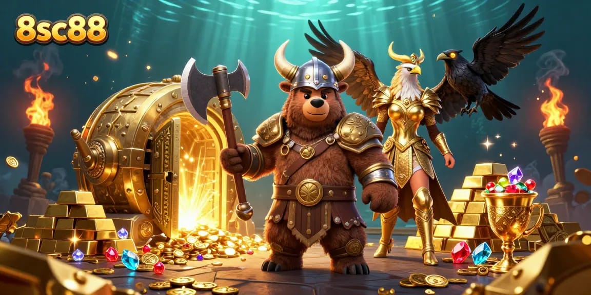 Experience thrilling jackpots at 8sc88 with dynamic characters amidst golden treasures and casino elements.