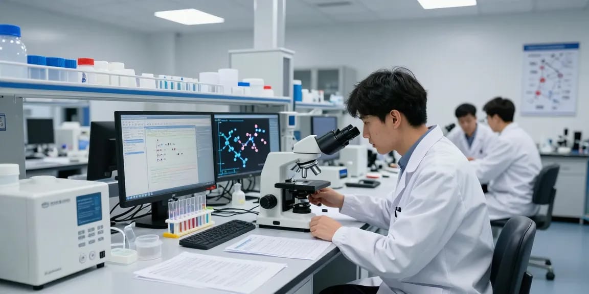 Scientists researching Koi retatrutide Canada in a modern lab setting with peptide analysis equipment.