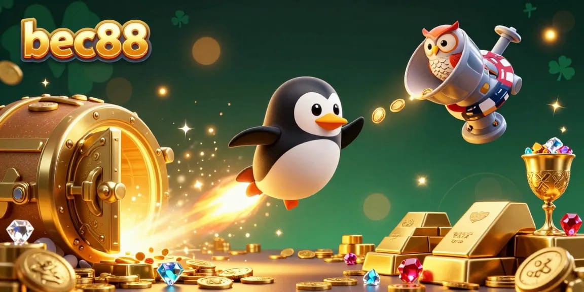 Experience immersive gameplay with bec88 in a vibrant 3D illustration of a golden penguin navigating a casino-themed space with treasures.