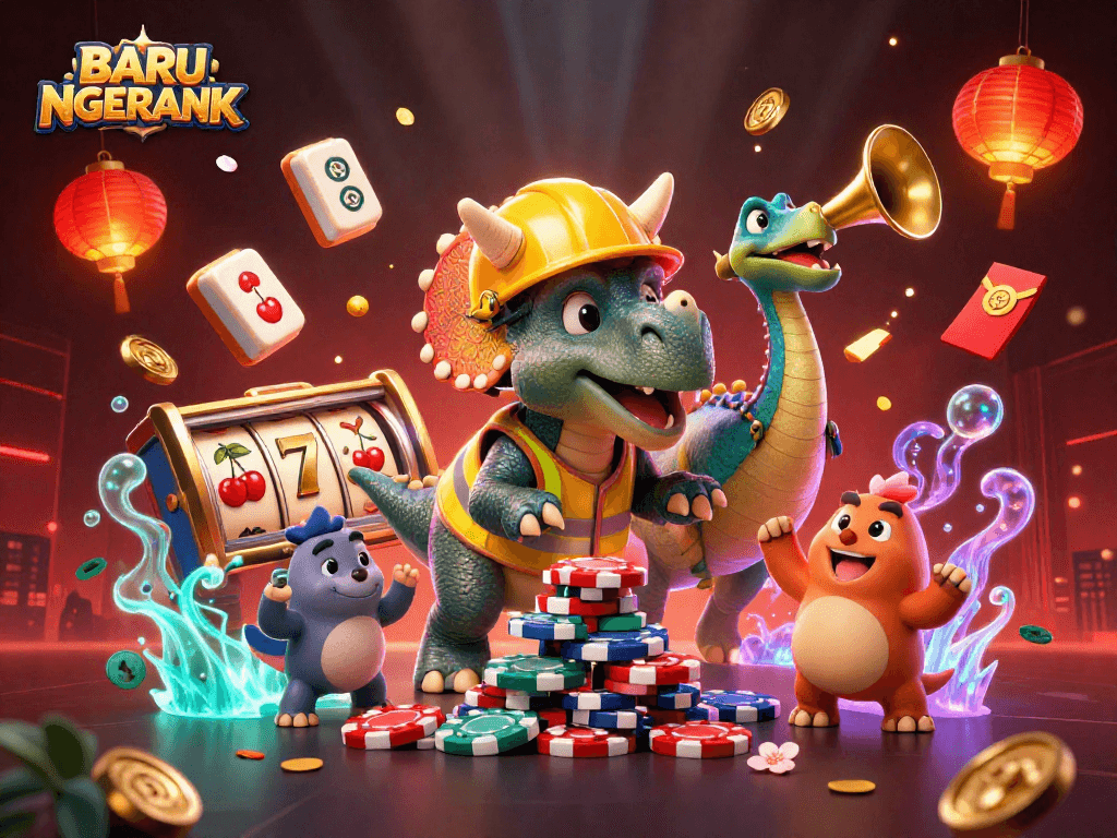 Engage with BARU NGERANK's thrilling casino excitement featuring animated characters building a pyramid of poker chips.