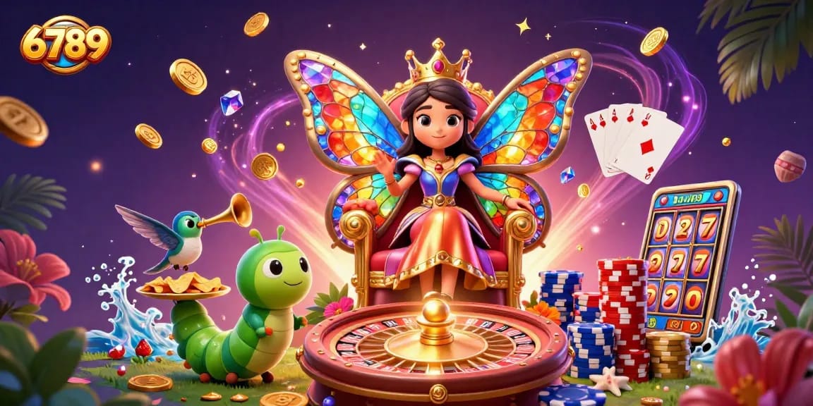 Experience the thrills of 6789 with a butterfly queen illustration amidst vibrant casino elements.