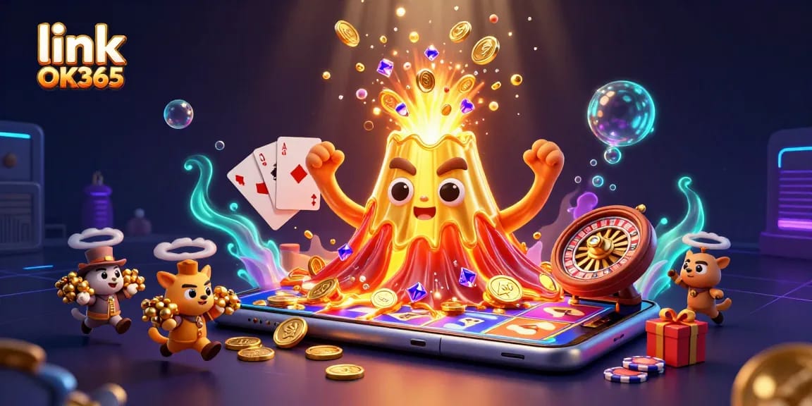 Spin to win with link OK365's vibrant 3D casino illustration featuring erupting treasures.