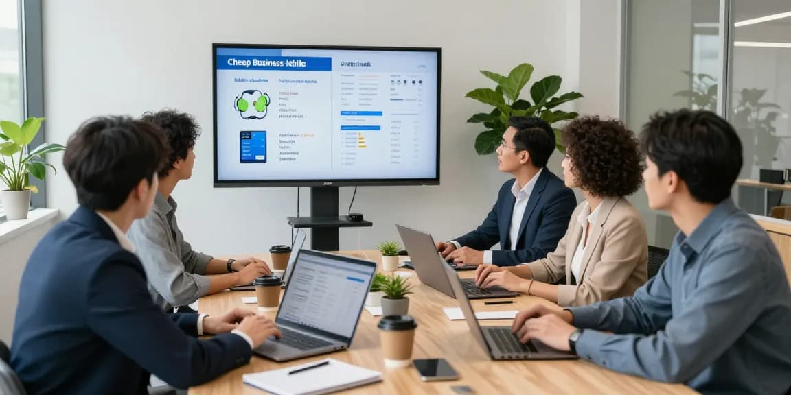 Team discussing cheap business mobile deals in a modern office setting with laptops and data displayed.