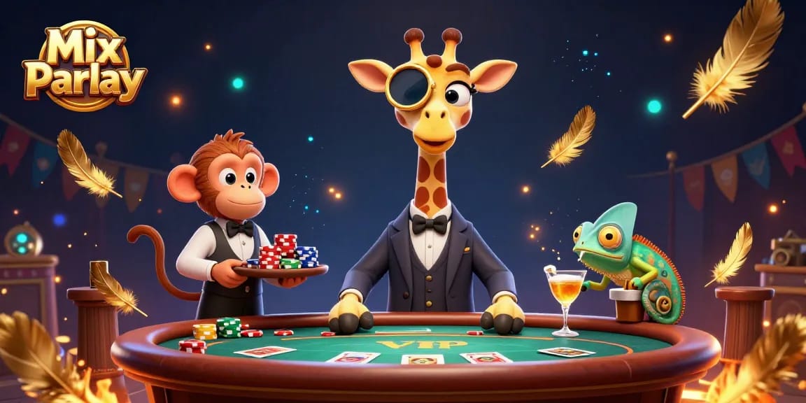 Experience Mix Parlay action with a high-roller giraffe at a vibrant poker table.