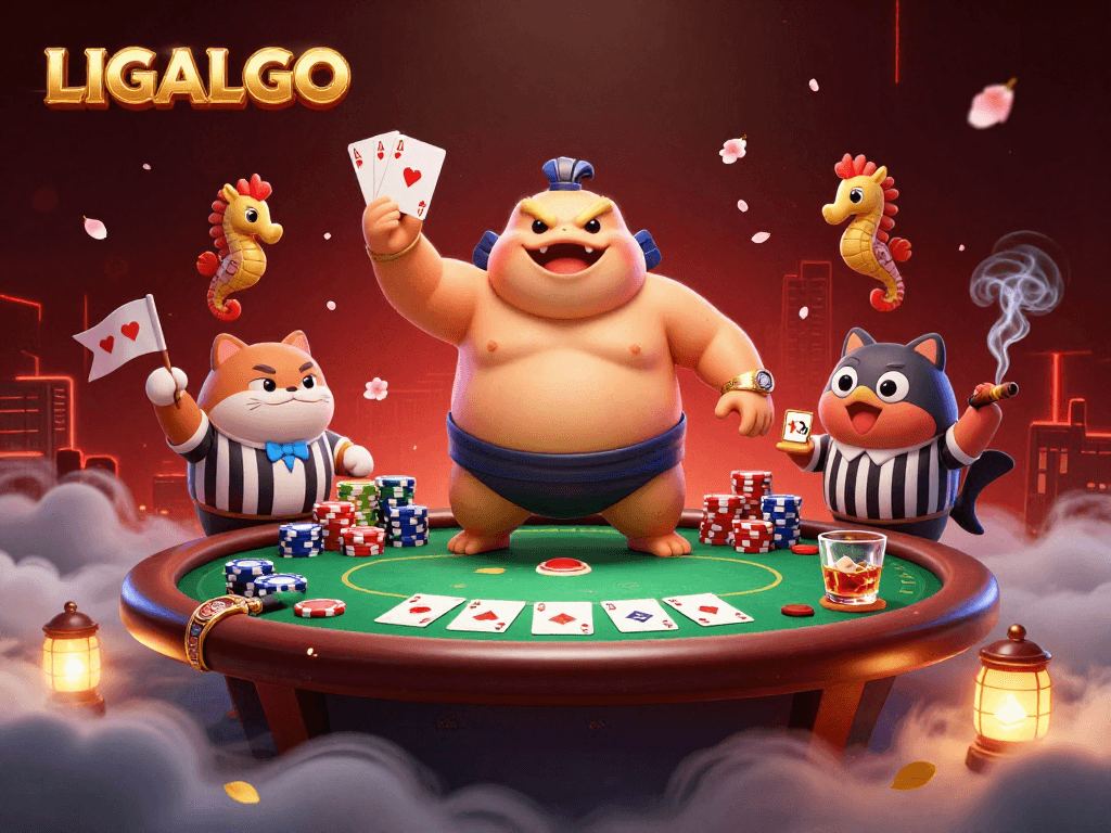 LIGALGO showcases a vibrant underwater gambling scene with a fugu in a sumo outfit amidst poker elements
