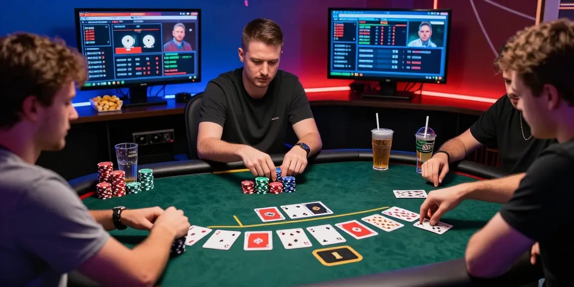 Dewapoker online gaming scene with players at a live dealer table enjoying poker