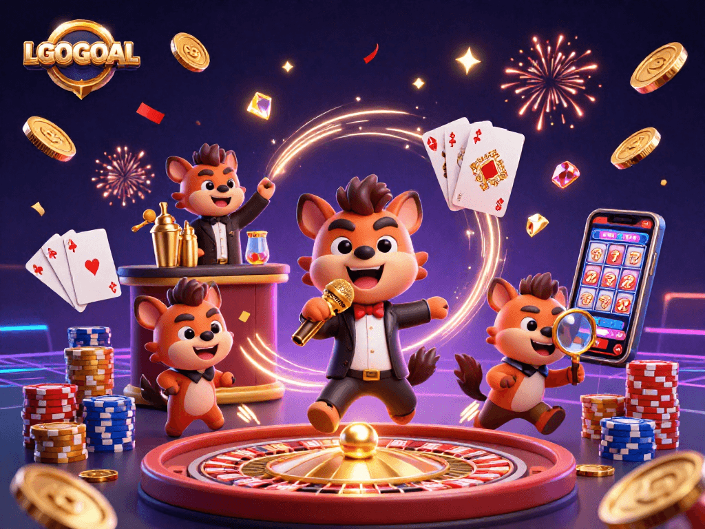 Watch hyenas in a vibrant LGOGOAL casino club, mixing drinks, telling jokes, and entertaining players.