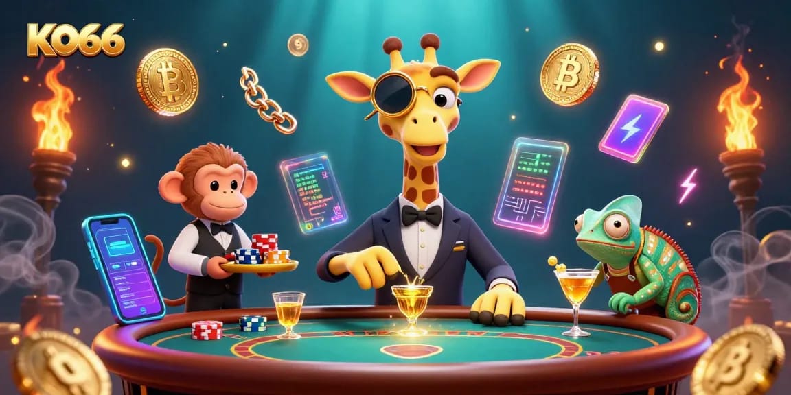 Engage with KO66 by experiencing elite gaming with 3D characters in a vibrant casino scene