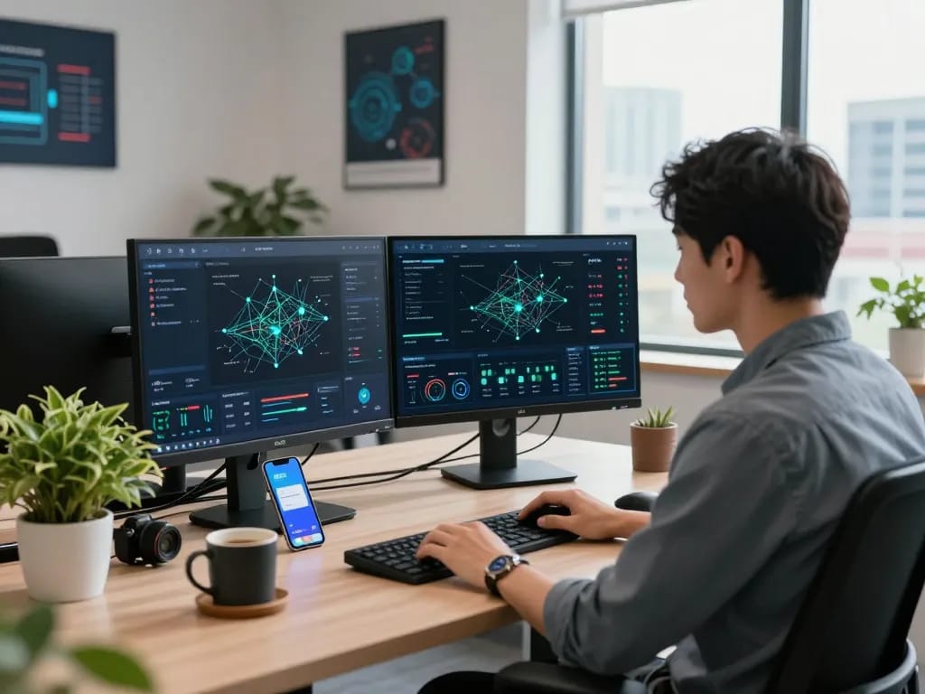 Professional workspace showcasing 快连 network optimization tools with a focused user and high-tech devices.