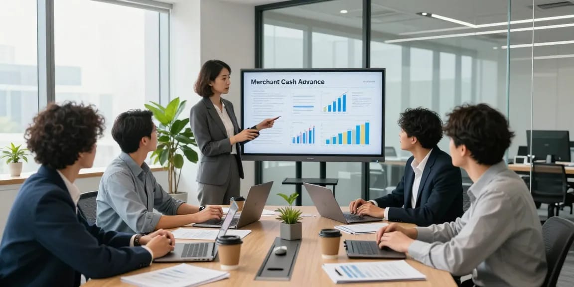 Team analyzing merchant cash advance options in a modern office setting, showcasing collaboration and professionalism.