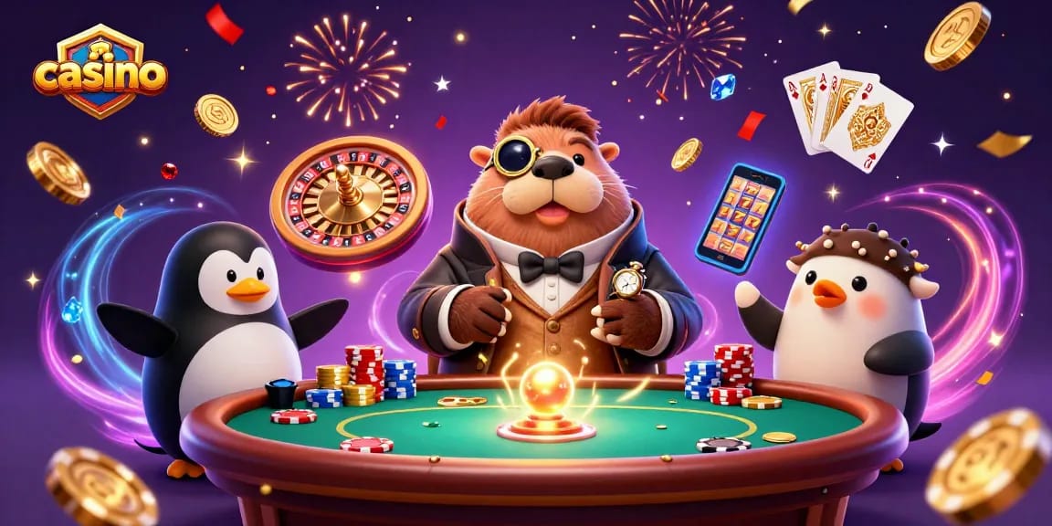 Engaging casino scene with poker gameplay featuring a walrus, penguin dealer, and pufferfish bluffing.