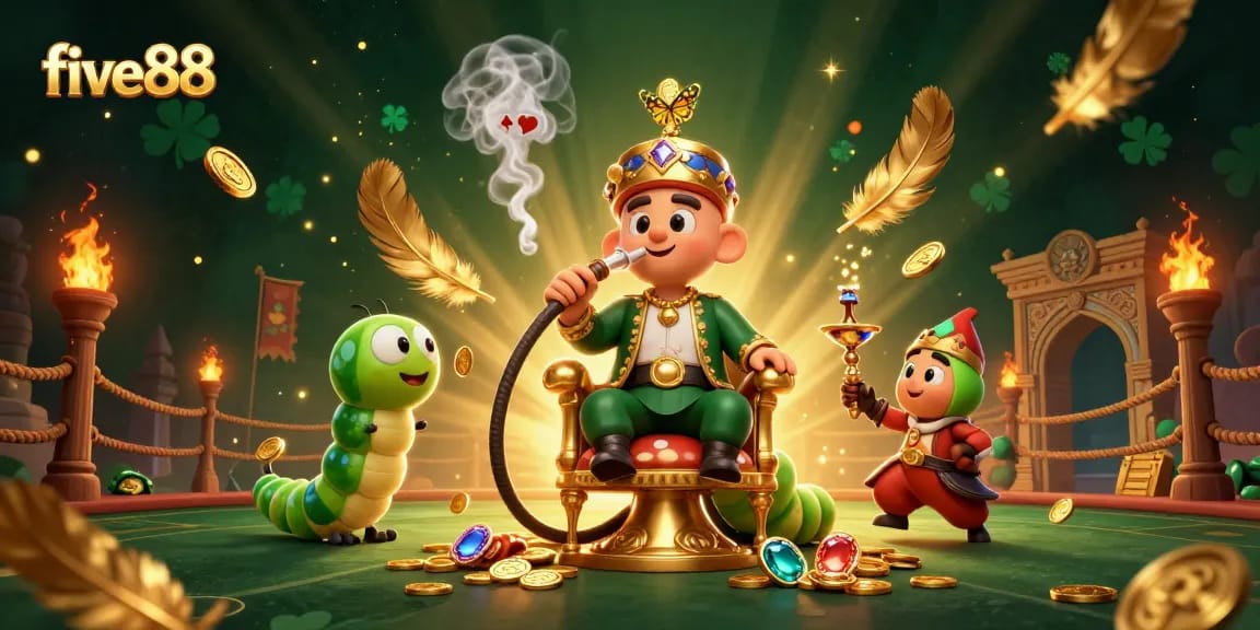 Experience the excitement of five88 with this dynamic illustration of casino elements and characters.
