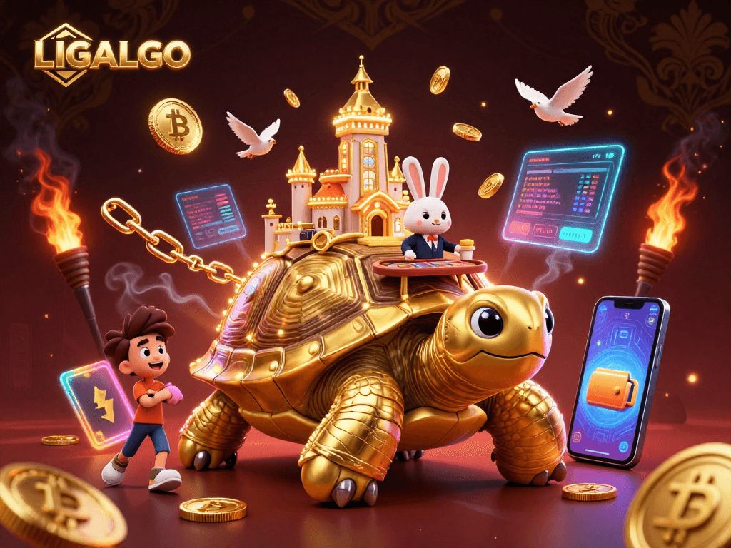 LIGALGO players enjoying online sports betting alongside a golden tortoise casino and crypto elements.