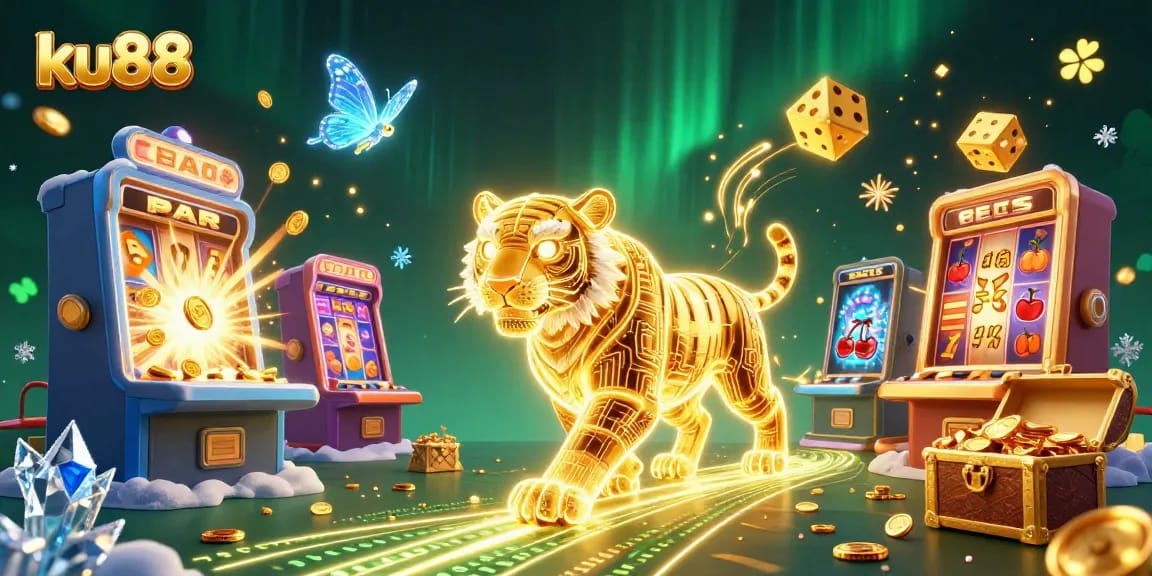 ku88 casino scene featuring a glowing tiger and jackpot elements with vibrant casino symbols and lights