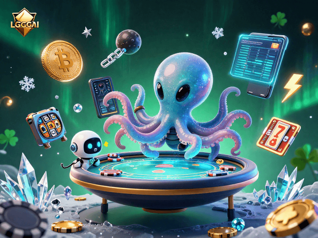 Experience the dynamic casino world of LGOGOAL with a colorful alien octopus and futuristic poker table.